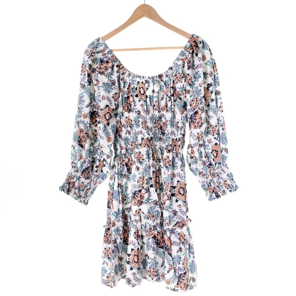 NWT Cleobella Maxine Floral Organic Cotton Scoop Neck Ruche Mini Dress Womens M - Picture 3 of 10